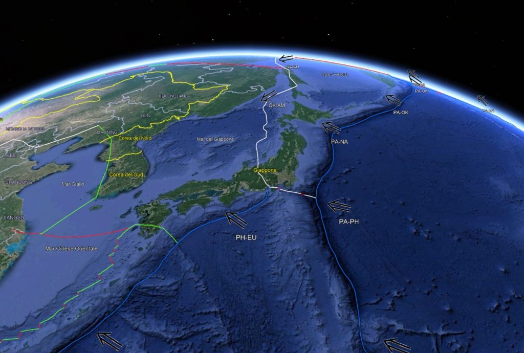 Posizione dei margini di placca: in verde i margini estensionali; in blu i margini compressivi. Credit: Google Earth