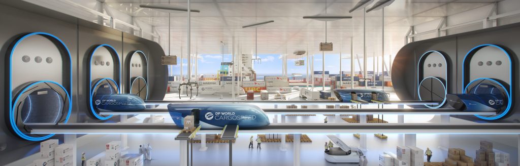 Rendering del trasporto merci con Hyperloop – Foto credit: Virgin Hyperloop