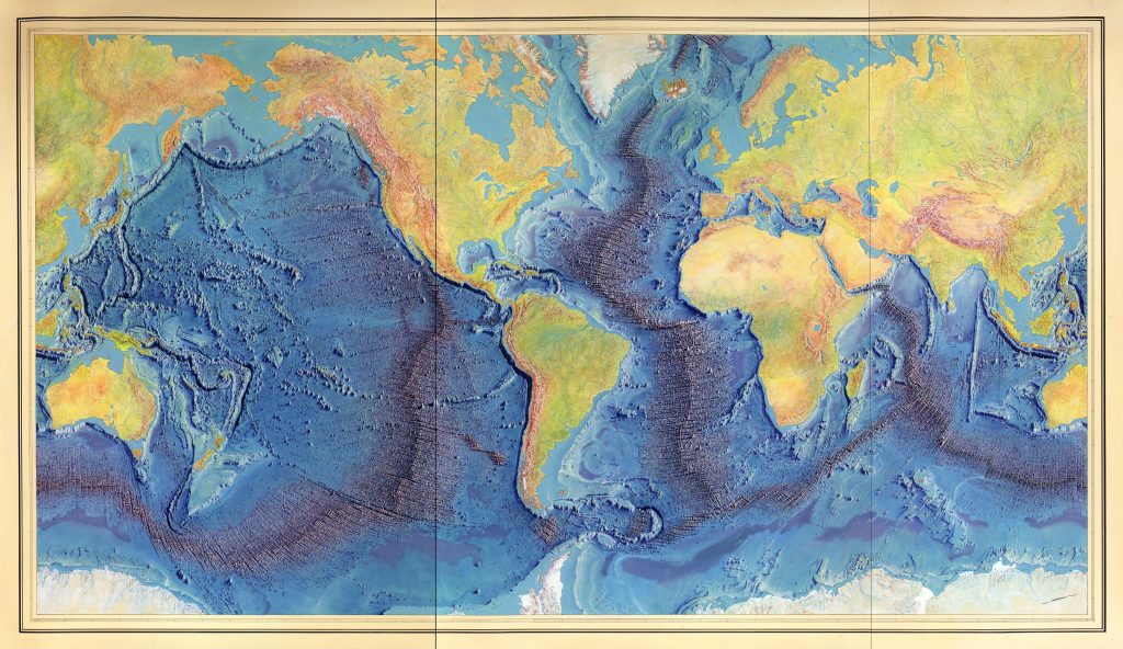 In blu scuro, le dorsali oceaniche (credit: Berann, Heinrich C., Heezen, Bruce C., Tharp, Marie)