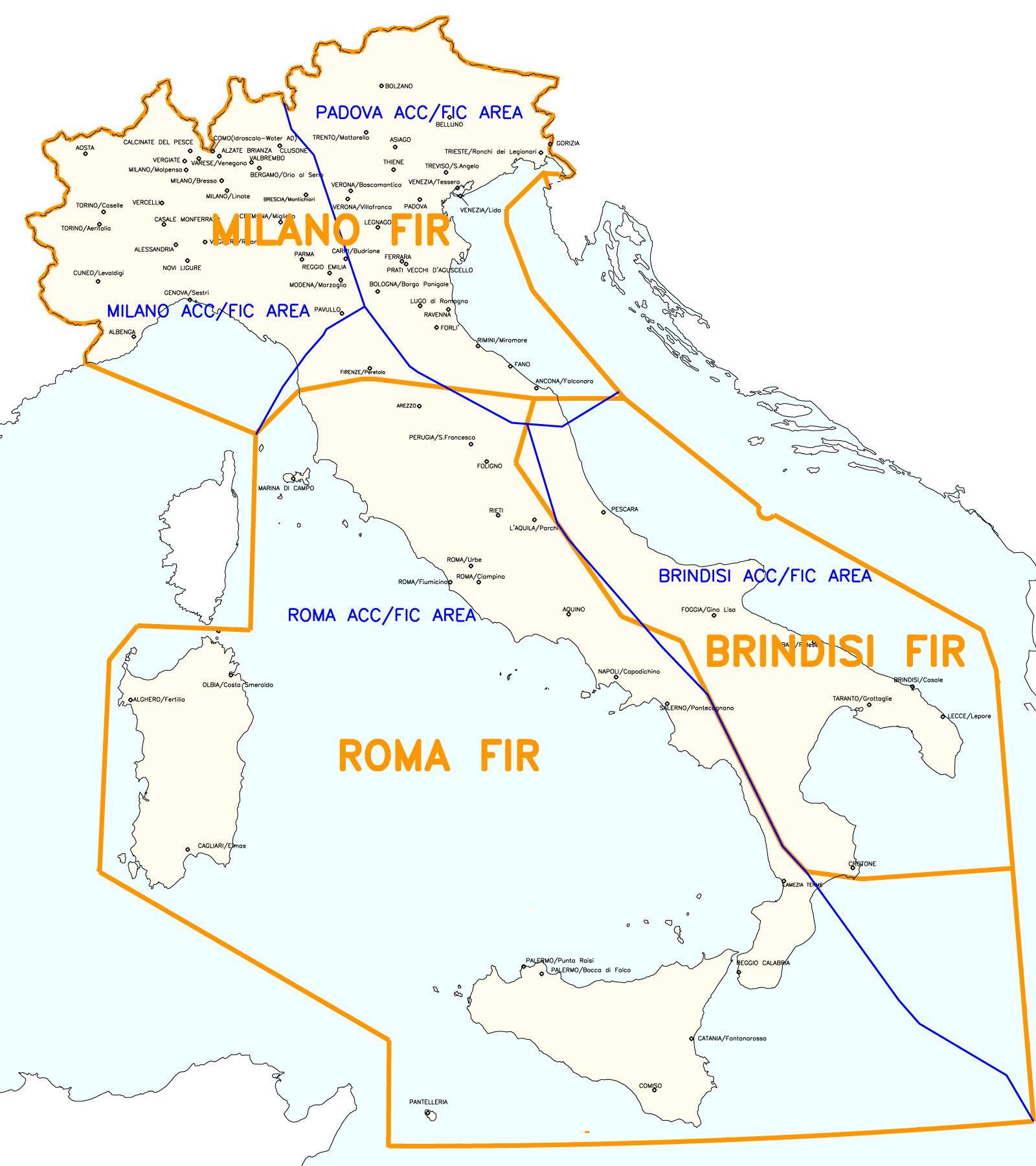 Spazio aereo italiano con le sue tre FIR (credit: Desk Aeronautico).