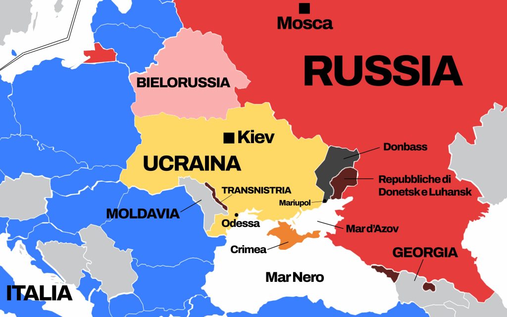 Carta dell'area geografica più direttamente coinvolta nella guerra russo-ucraina, con la segnalazione della Transnistria, nella parte orientale della Moldavia