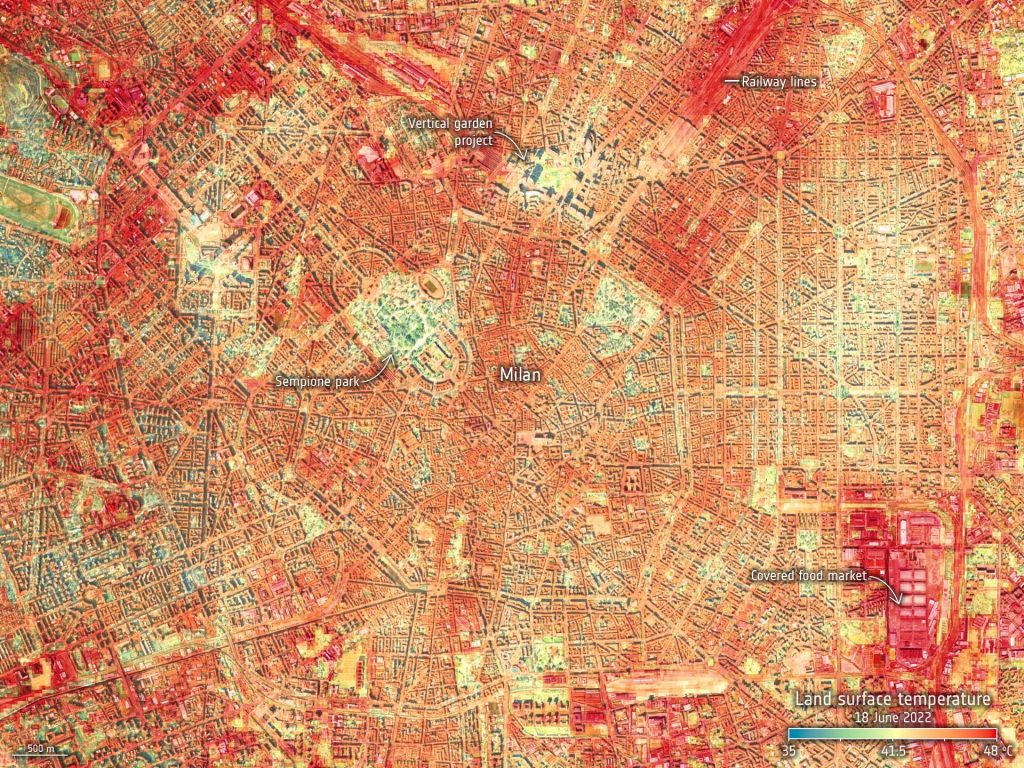 Rilevazione delle temperature a Milano © NASA JPL–Caltech