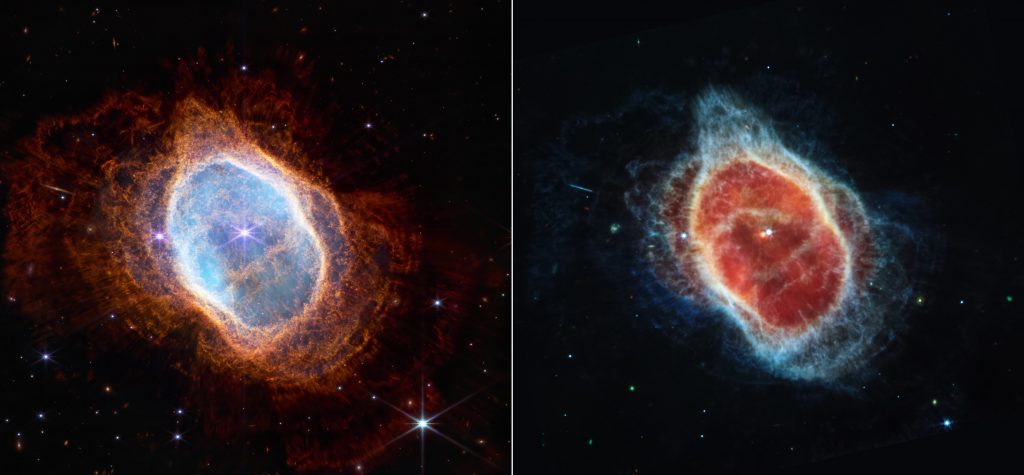 La Nebulosa Anello del Sud vista nel vicino infrarosso (sinistra) e nel medio infrarosso (destra).